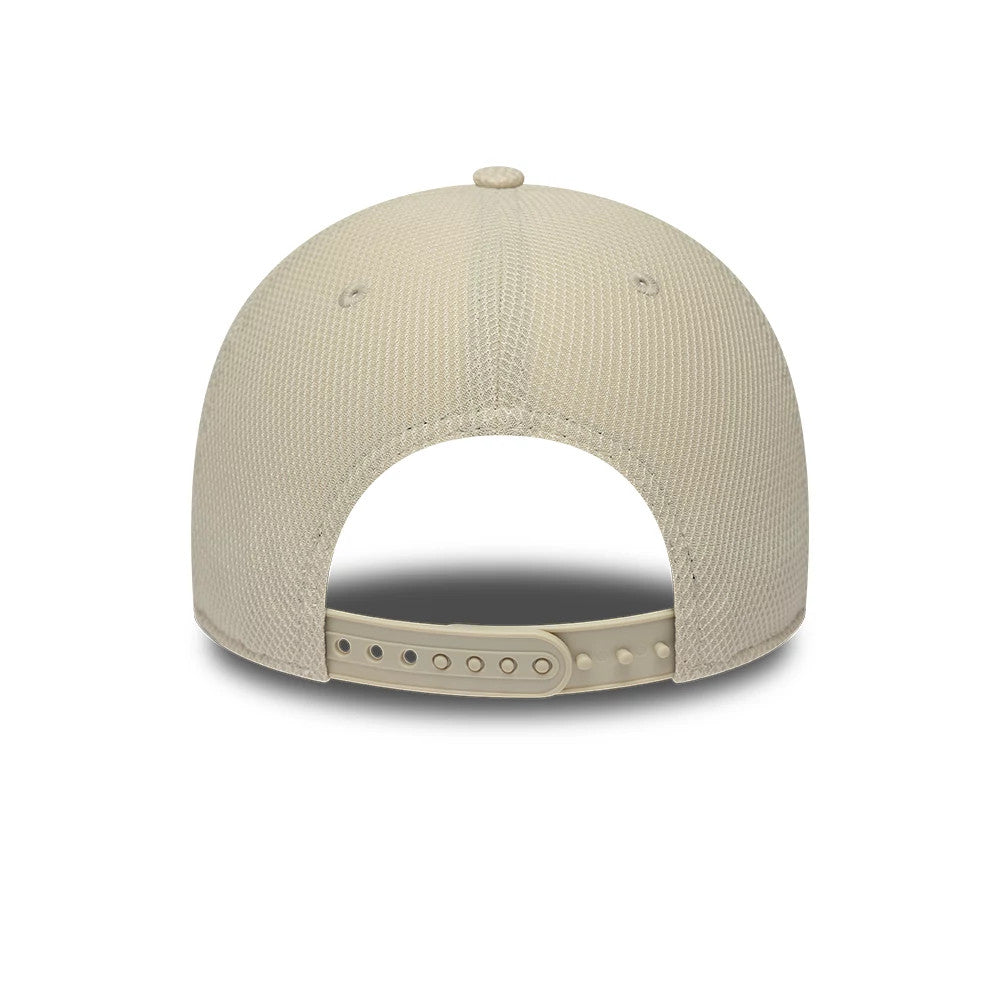 Visa Cash App Racing Bulls F1 Race Special Beige New Era 9FORTY Adjustable Cap, rear view showing the beige mesh panels extending down to the adjustable beige plastic strap, with a matching top button and structured crown.