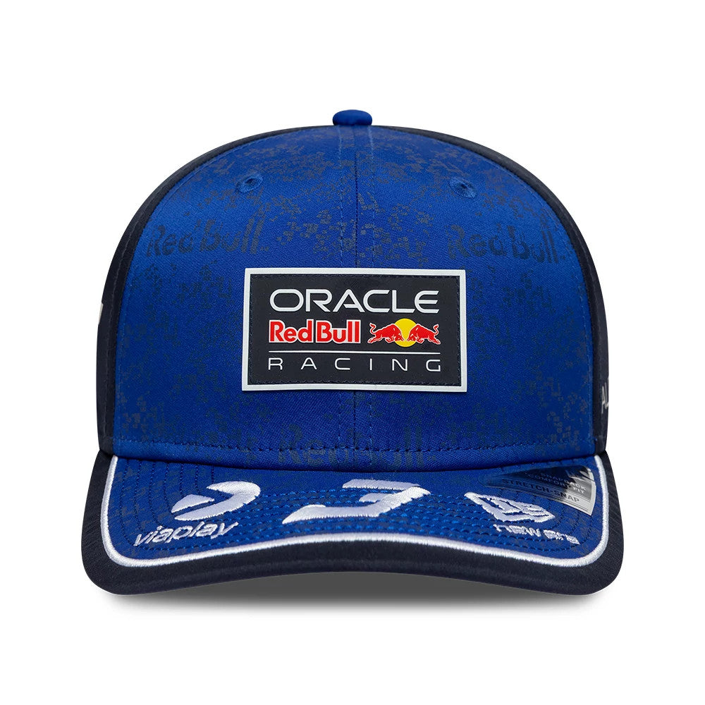 Red Bull Racing Youth Max Verstappen Dark Blue New Era 9SEVENTY Stretch Snap Adjustable Cap, front view showing a prominent Oracle Red Bull Racing patch on the front panel, with Verstappen’s number 33 embroidered in white on the blue visor.