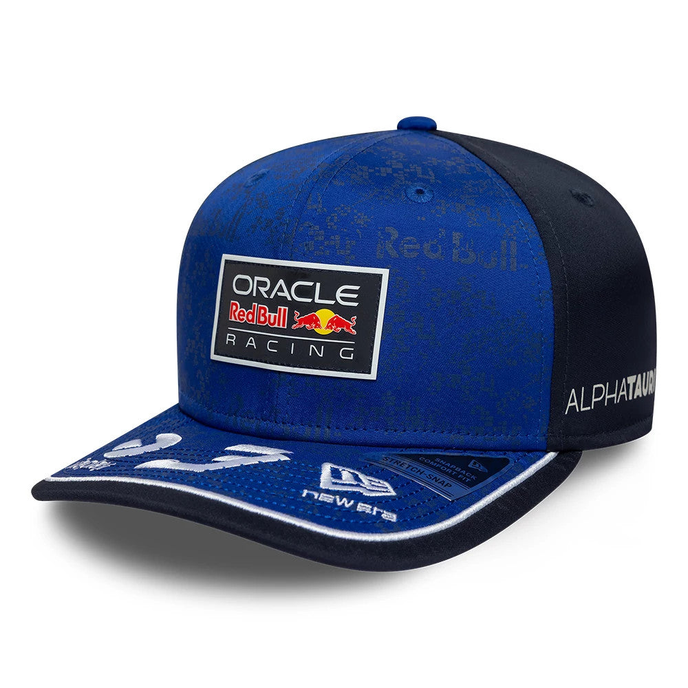 Red Bull Racing Youth Max Verstappen Dark Blue New Era 9SEVENTY Stretch Snap Adjustable Cap, three-quarter view showing the raised embroidered Oracle Red Bull Racing front panel logo, ALPHATAURI text on the side.