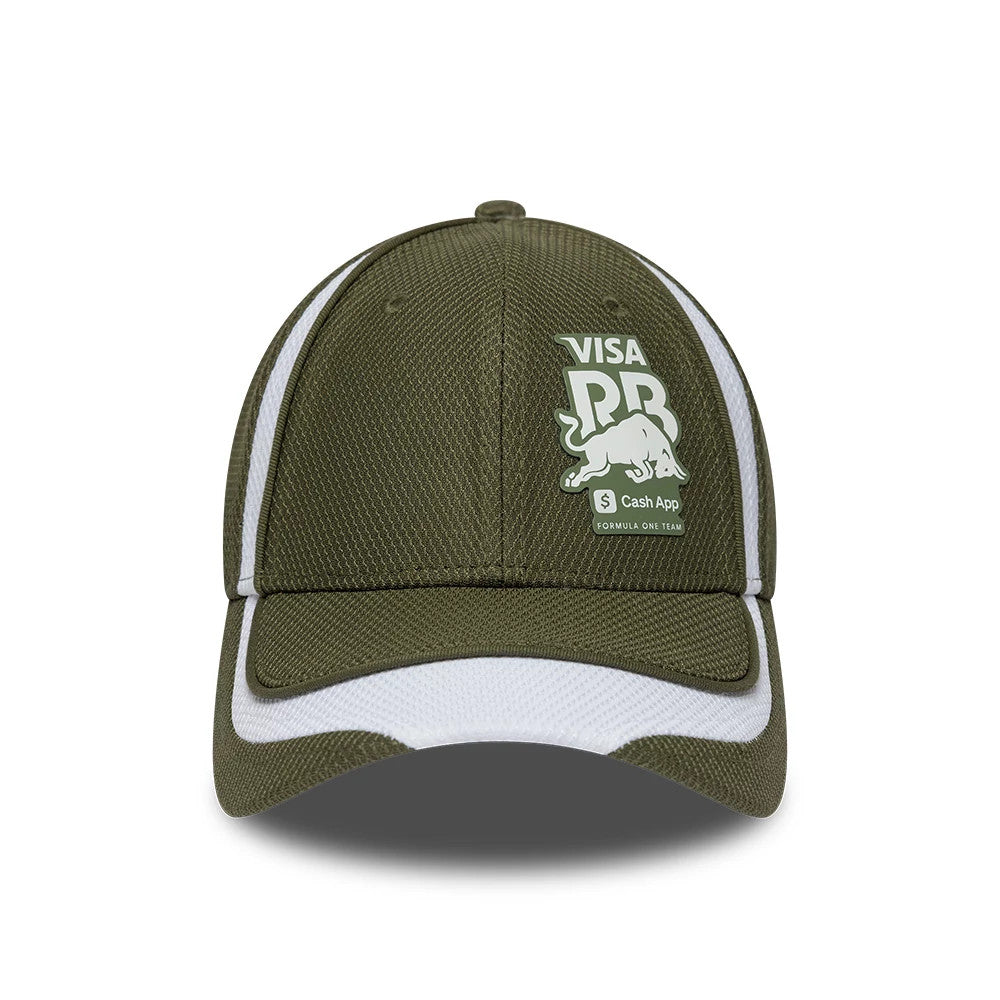 Visa Cash App Racing Bulls F1 Race Special Green New Era 9FORTY Adjustable Cap, front view showing raised white embroidered logo on the front panel, white stripes along the sides, and contrasting white curved visor.