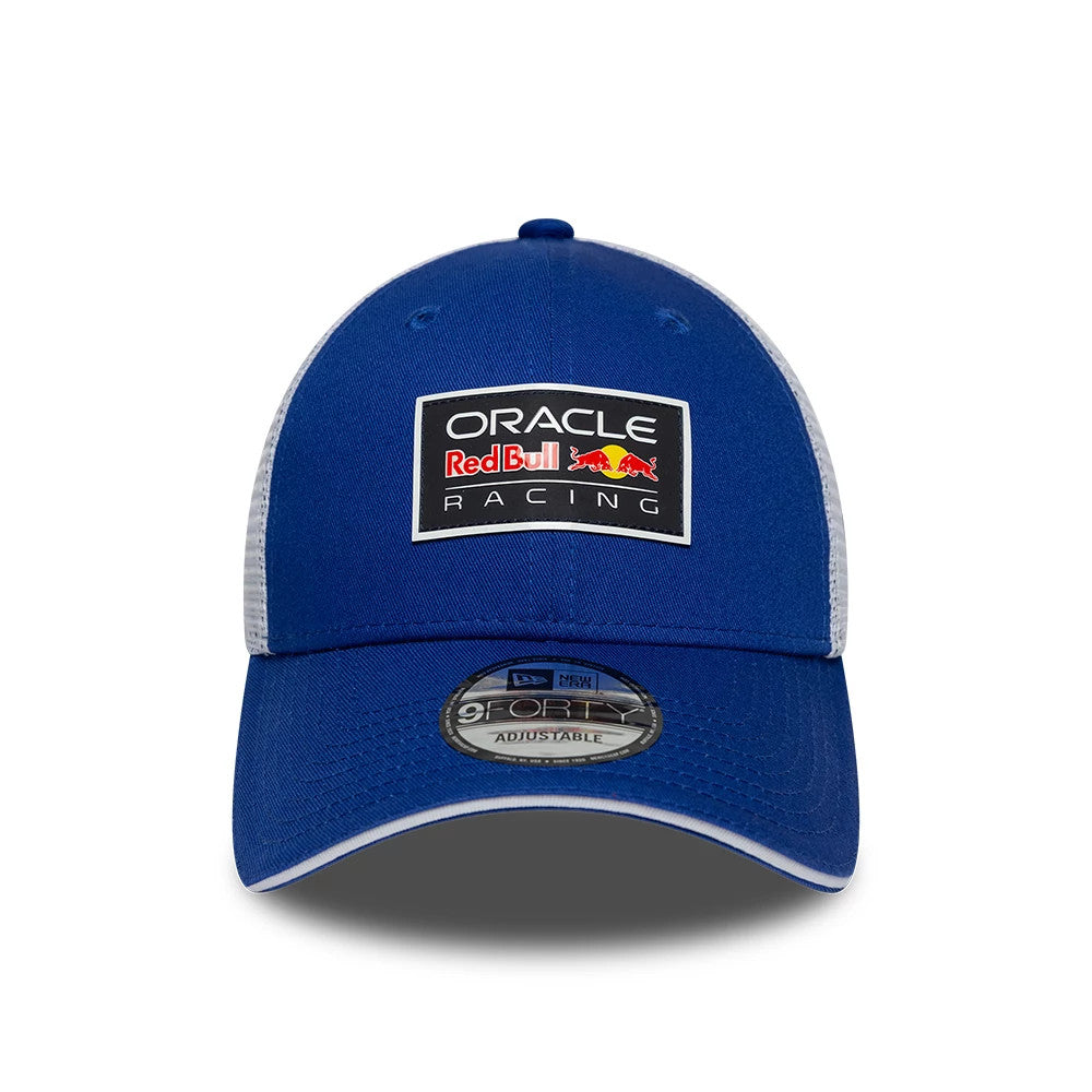 Red Bull Racing Dark Blue New Era 9FORTY Adjustable Cap, front view showing the raised Oracle Red Bull Racing logo embroidered on the front panel, with a curved dark blue visor and 9FORTY size sticker.
