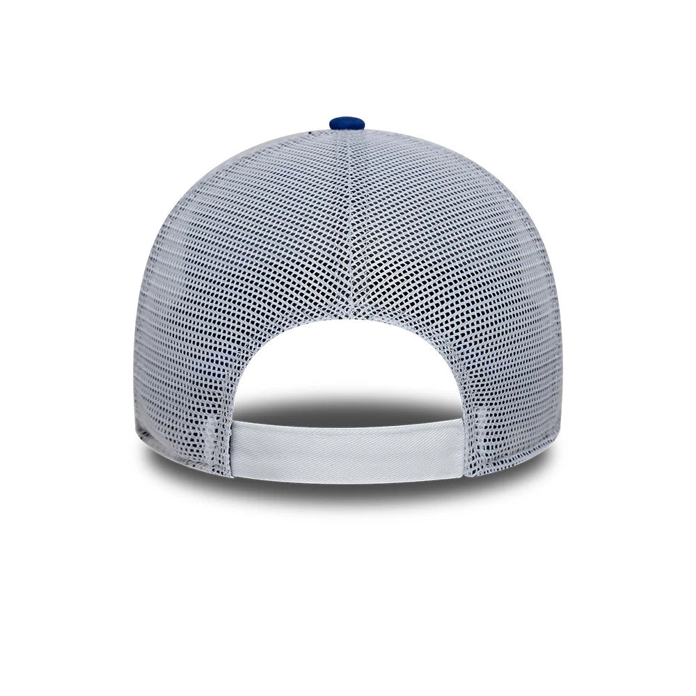 Red Bull Racing Dark Blue New Era 9FORTY Adjustable Cap, rear view showing a grey mesh back panel with an open arch and adjustable strap, topped with a dark blue button at the crown.