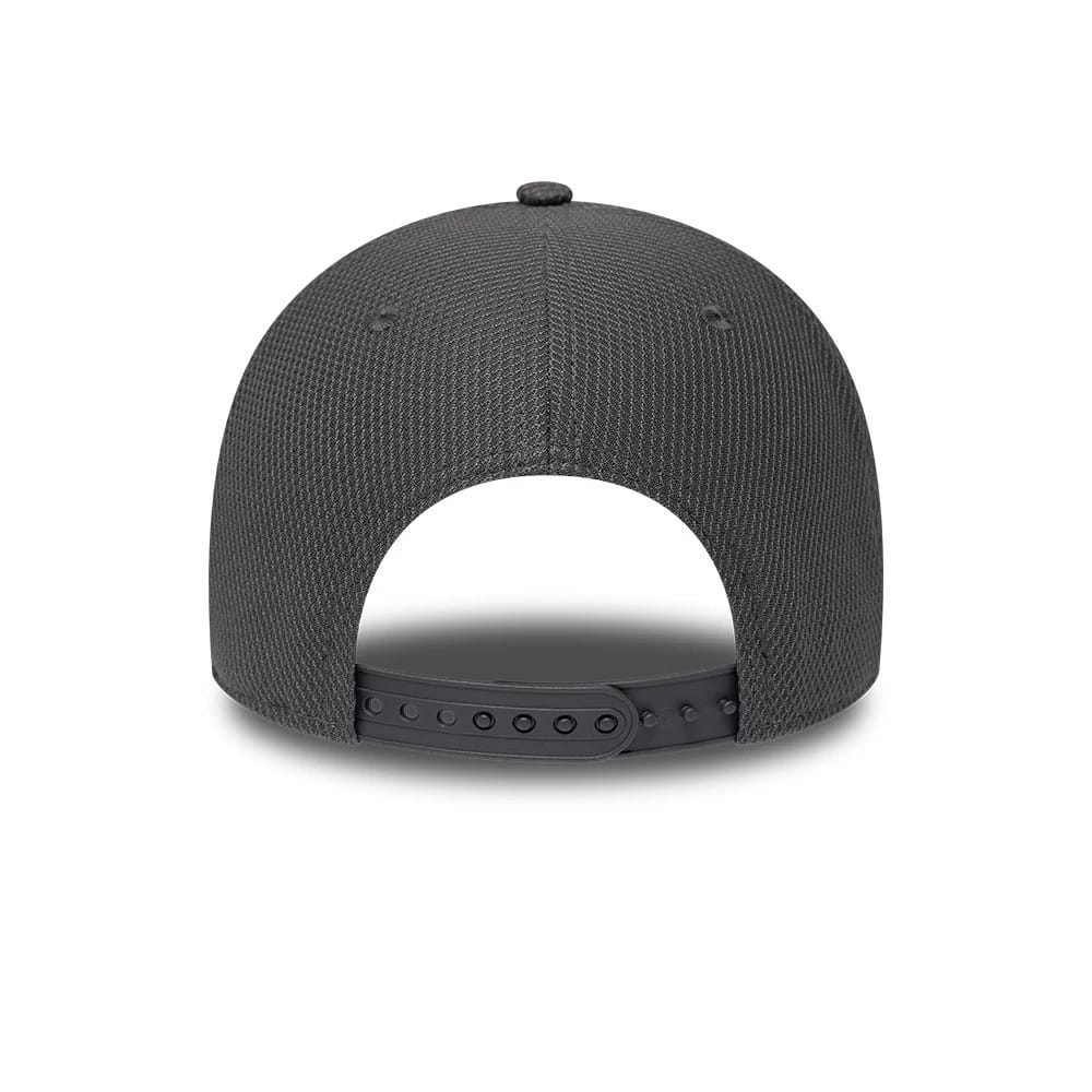 Visa Cash App Racing Bulls F1 Race Special Dark Grey New Era 9FORTY Adjustable Cap, rear view showing the structured dark grey mesh crown with matching top button, and an adjustable black snap closure at the base.