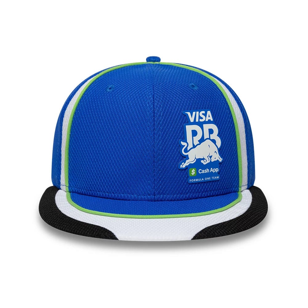 Visa Cash App Racing Bulls Team Bright Blue New Era 59FIFTY Fitted Cap, front view showing the white Visa RB logo embroidered on the structured blue crown with black, white, and green on the visor.