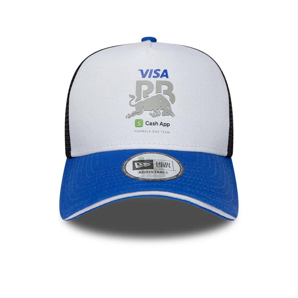 Visa Cash App Racing Bulls White New Era 9FORTY A-Frame Trucker Adjustable Cap, front view showing the grey embroidered RB logo and blue VISA text on the white front panel, with a blue curved visor and the 9FORTY size sticker.