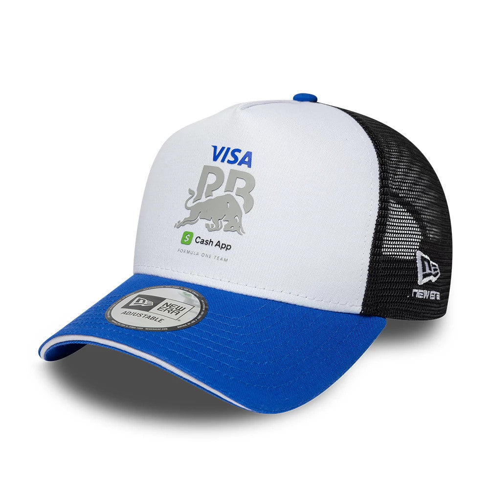 Visa Cash App Racing Bulls White New Era 9FORTY A-Frame Trucker Adjustable Cap, three-quarter view showing the silver PR bull logo with Visa and Cash App text on the white front panel, blue curved visor with 9FORTY size sticker, and black mesh sides.