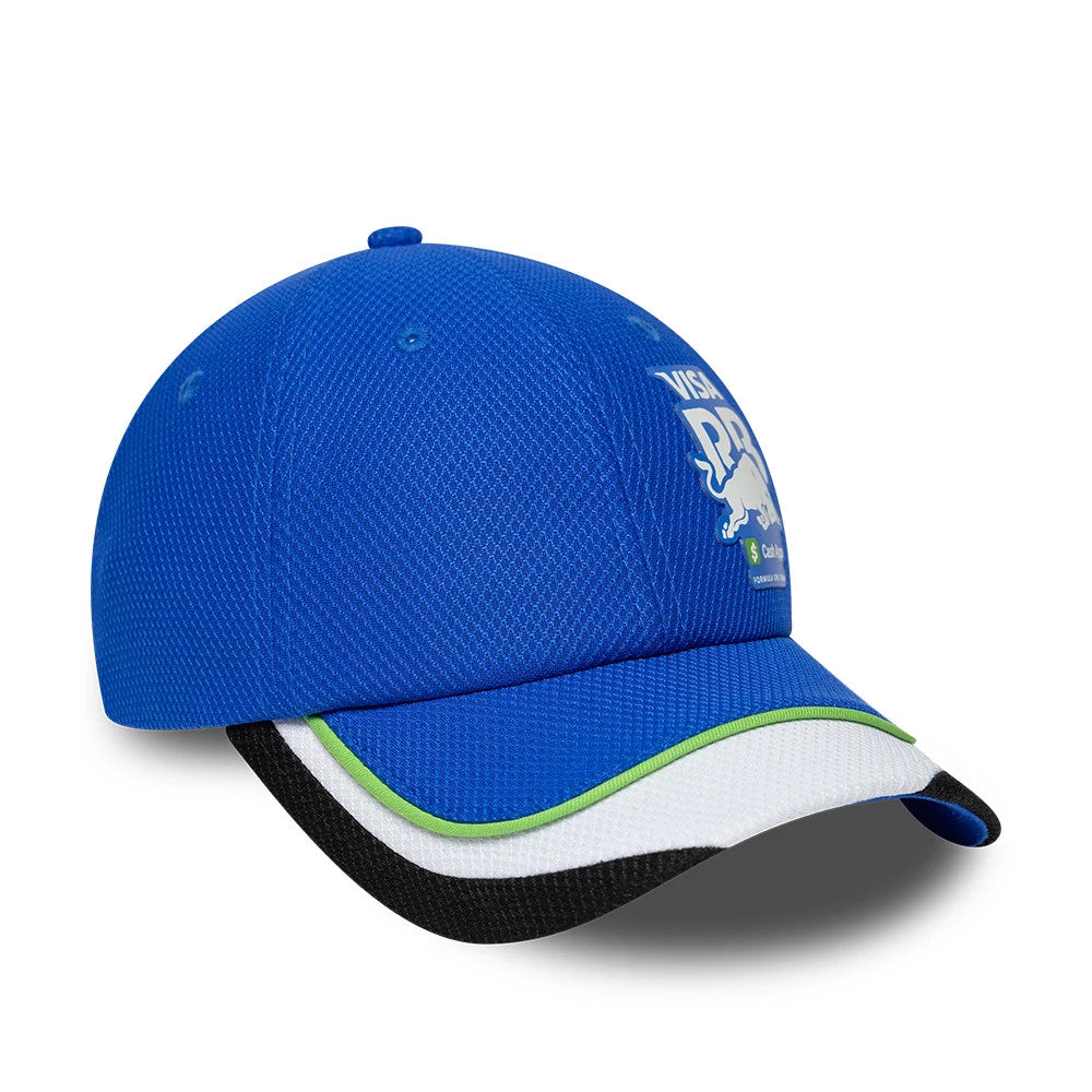 New Era Womens Visa Cash App Racing Bulls Bright Blue Open Back Cap, three-quarter view showing a white and black logo on the front panel, a structured bright blue crown, and a curved visor with a layered design featuring green and black accents.