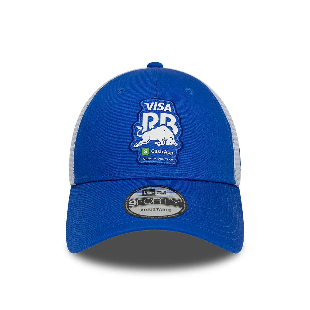 Visa Cash App Racing Bulls Summer League Bright Blue New Era 9FORTY Adjustable Cap, front view showing the white and blue embroidered Visa Racing Bulls logo on the front panel with a black 9FORTY size sticker on the curved bright blue visor.
