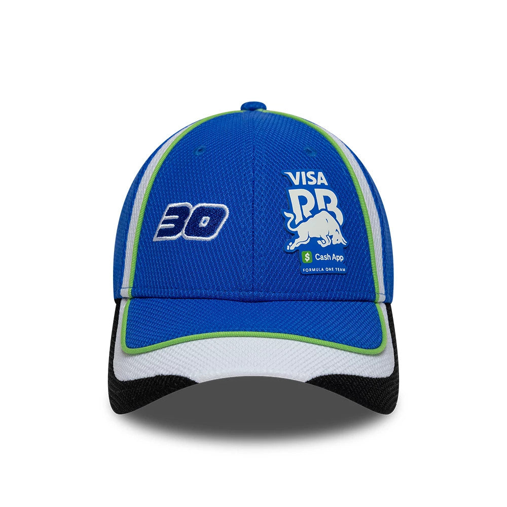 Visa Cash App Racing Bulls Teamline 2026 Blue New Era 9FORTY Adjustable Cap, front view showing white and green Visa and bull team logos on the structured blue crown, with 30 embroidered on the left panel and a black-and-white visor.