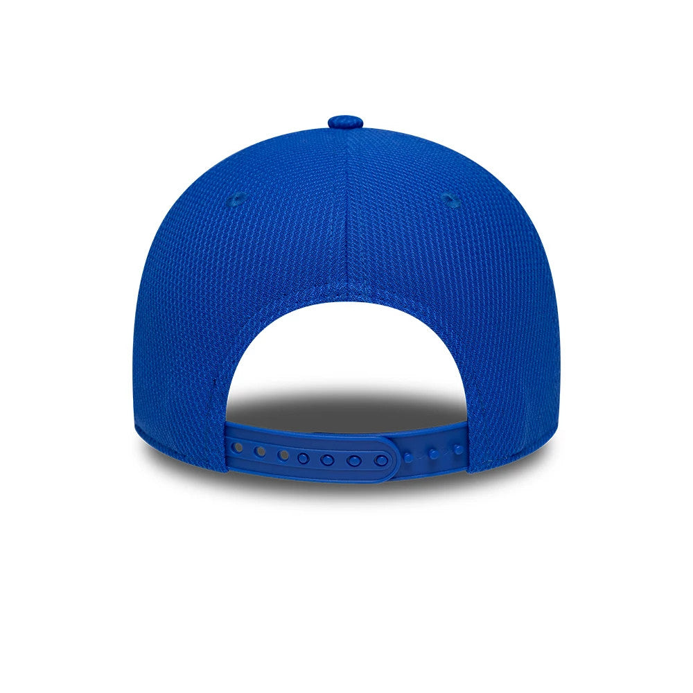 Visa Cash App Racing Bulls Teamline 2026 Blue New Era 9FORTY Adjustable Cap, rear view showing the blue mesh crown and blue plastic snap closure for adjustable sizing, with embroidered eyelets and a structured fit.