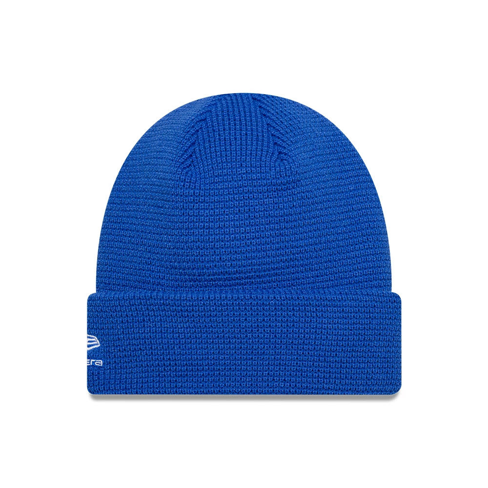 New Era Visa Cash App Racing Bulls Team Waffle Bright Blue Cuff Knit Beanie Hat, front view showing the textured waffle knit pattern and embroidered New Era flag logo on the left side of the bright blue cuff.