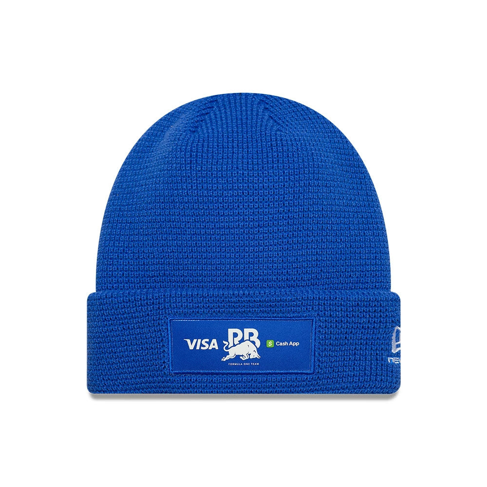New Era Visa Cash App Racing Bulls Team Waffle Bright Blue Cuff Knit Beanie Hat, front view showing a patch with Visa, Cash App, and Bulls logos embroidered in white and blue on the cuff, with a New Era flag logo on the left side.
