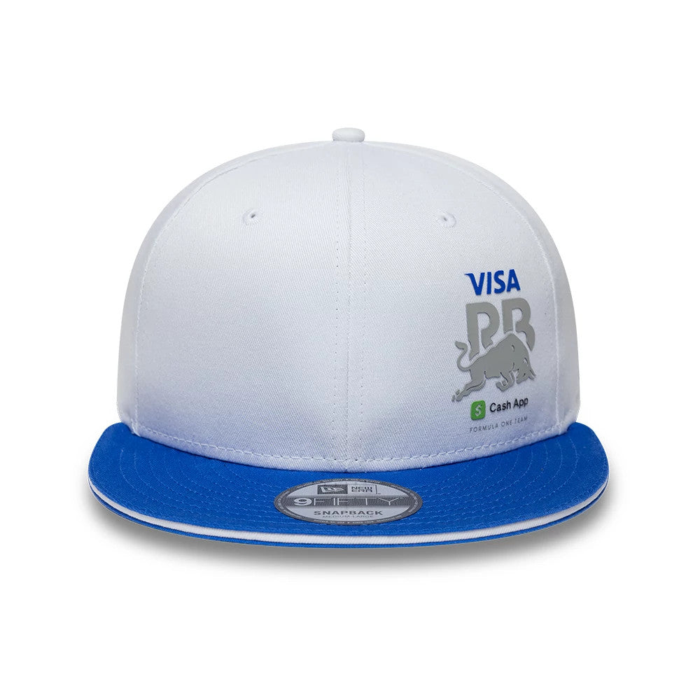 Visa Cash App Racing Bulls Essential White New Era 9FIFTY Snapback Adjustable Cap, front view showing blue and silver logo embroidery on the structured white front panel, blue flat visor and 9FIFTY size sticker.