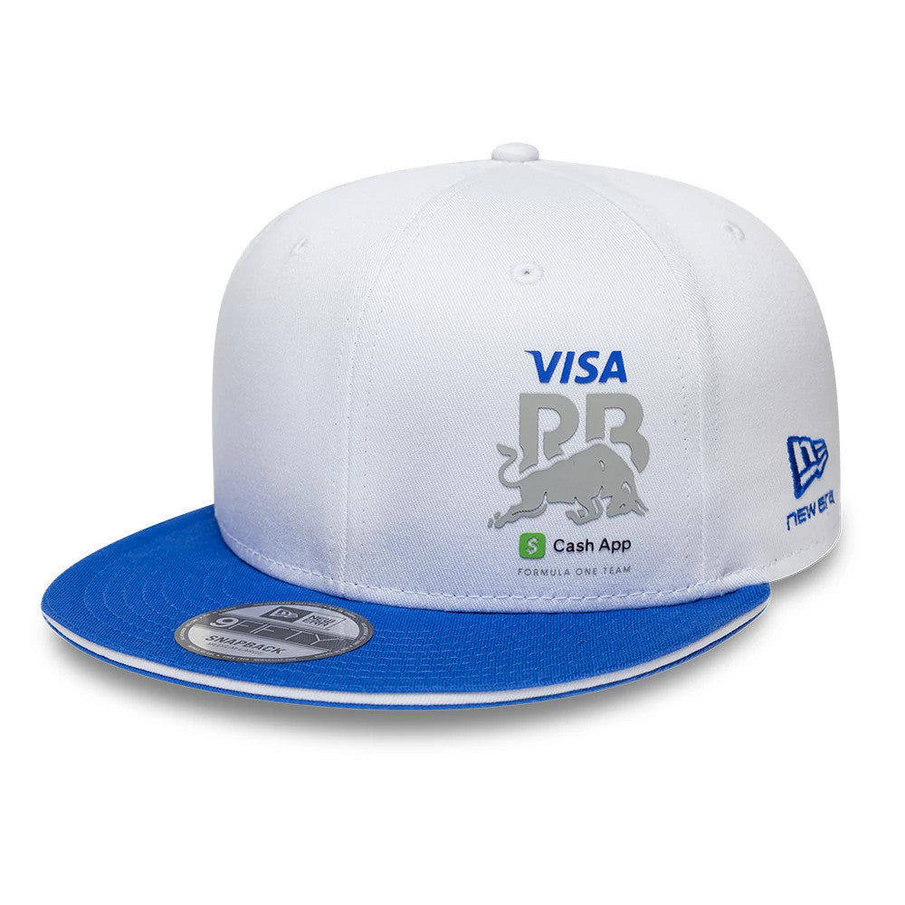 Visa Cash App Racing Bulls Essential White New Era 9FIFTY Snapback Adjustable Cap, front view showing a grey bull and blue Visa logo embroidered on the white front panel, with a royal blue visor and 9FIFTY size sticker.