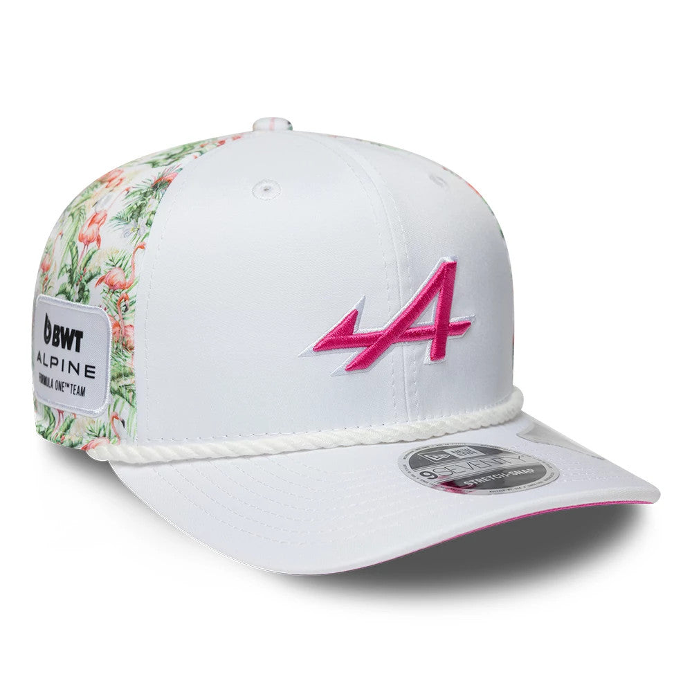 Pictured is this Alpine Racing Miami Race Special 9SEVENTY Stretch Snap Adjustable cap in white. 1
