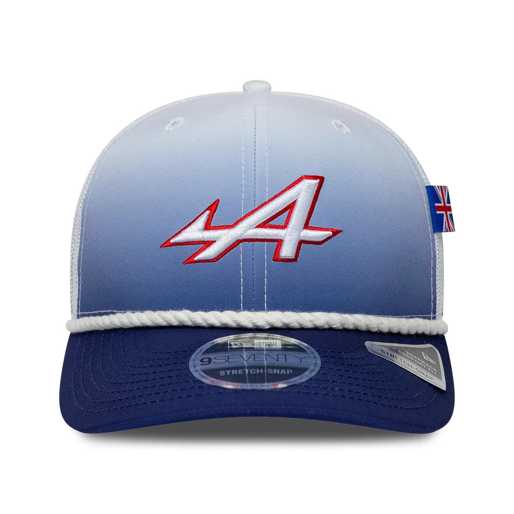 Alpine Racing Silverstone Race Special White New Era 9SEVENTY Stretch Snap Adjustable Cap, front view with a red and white embroidered A logo on the gradient blue crown, white rope across the dark blue visor, and a 9SEVENTY size sticker.