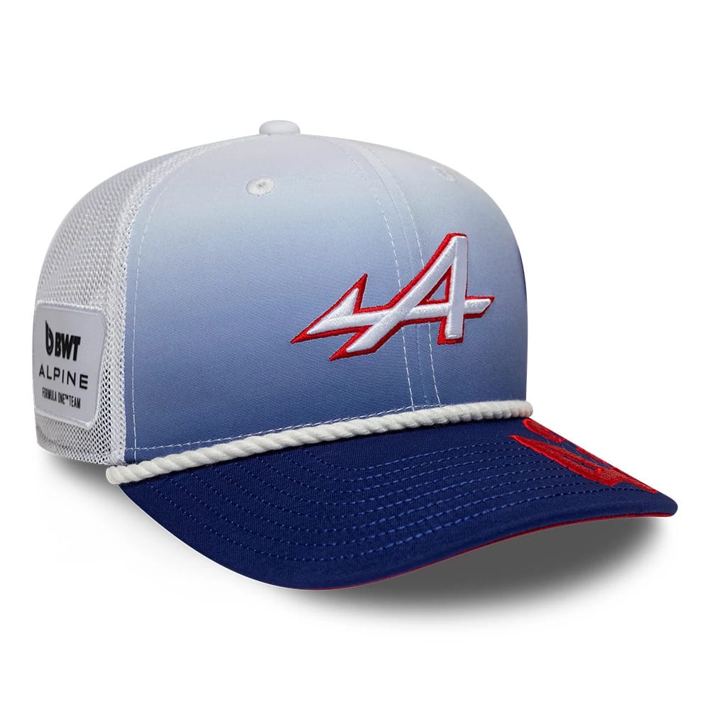 Alpine Racing Franco Colapinto Silverstone Race Special White New Era 9SEVENTY Stretch Snap Adjustable Cap, three-quarter view with a red embroidered A logo on the front panel, blue visor with rope detail and a team patch on the mesh side.