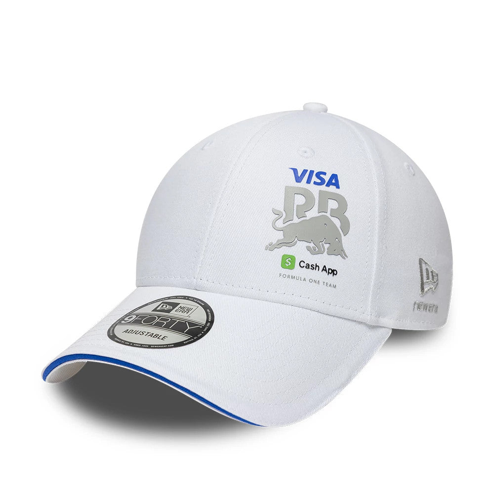 Visa Cash App Racing Bulls Essential White New Era 9FORTY Adjustable Cap, front view showing the grey Bull logo with Visa text, Cash App branding on the white crown, bent visor with blue trim and 9FORTY size sticker.