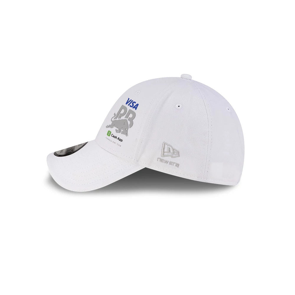 Visa Cash App Racing Bulls Essential White New Era 9FORTY Adjustable Cap, side view showing the grey embroidered New Era flag logo on the left side, with a structured white crown and curved white visor.