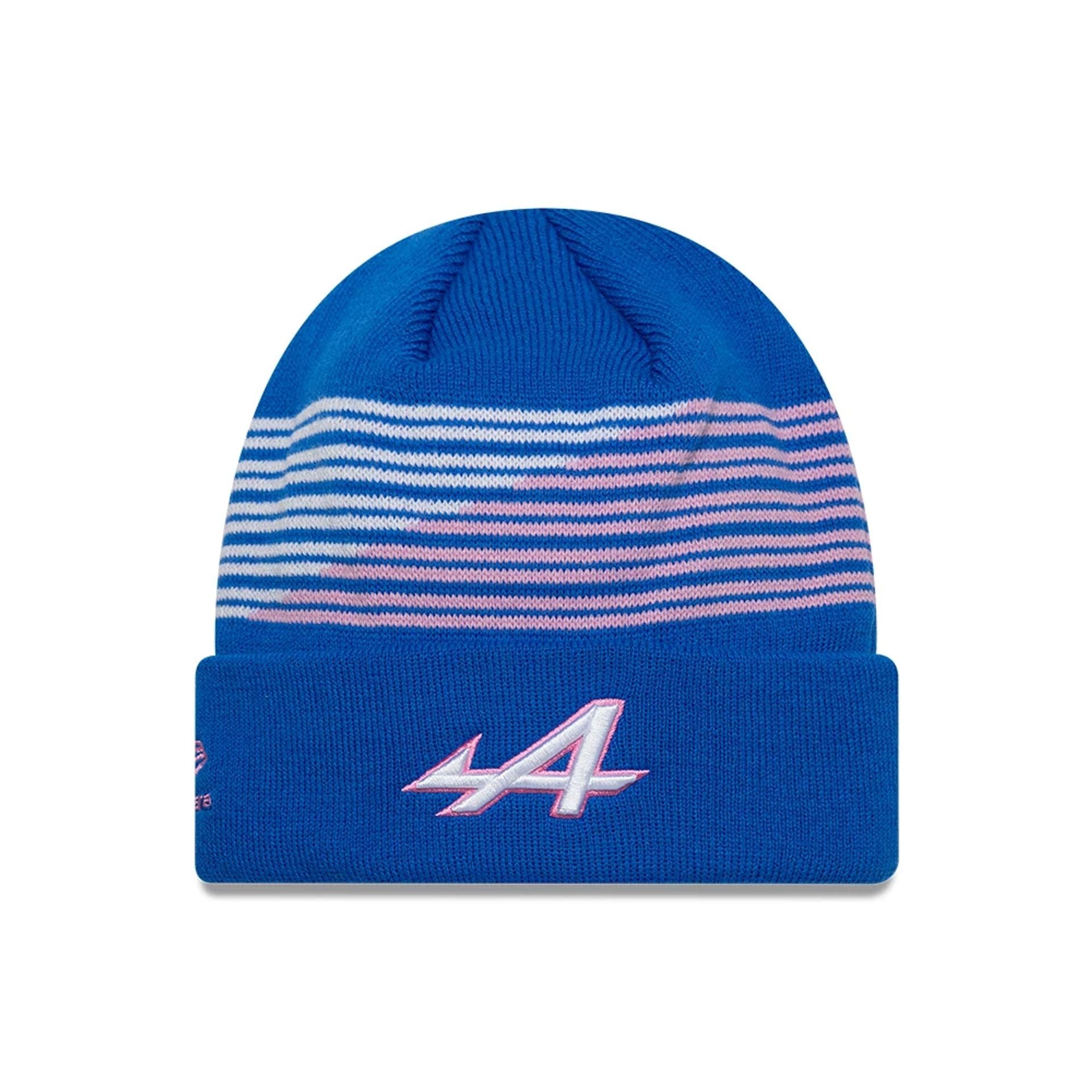Pictured is this Alpine Racing Team Cuff Knit Beanie hat in blue. 1