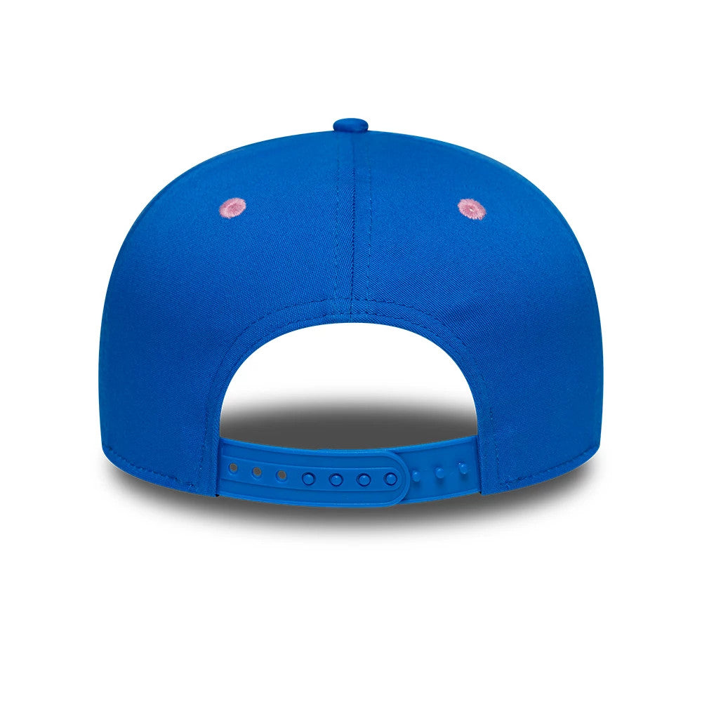 Alpine Racing Franco Colapinto Blue New Era 9SEVENTY Stretch Snap Adjustable Cap, rear view showing the adjustable blue snap closure and pink embroidered eyelets on the structured blue crown.