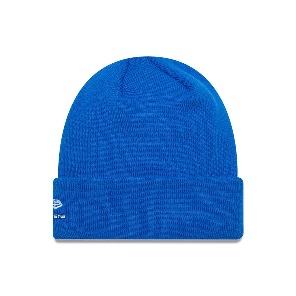 Pictured is this Essential Alpine Racing Cuff Knit Beanie hat in blue. 2