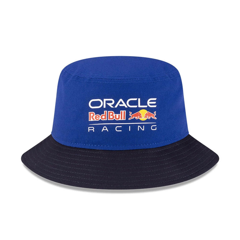 New Era Red Bull Racing Essential Dark Blue Bucket Hat, front view showing the embroidered Oracle and Red Bull Racing logos in white, red, and yellow on the dark blue crown with a contrasting black visor.