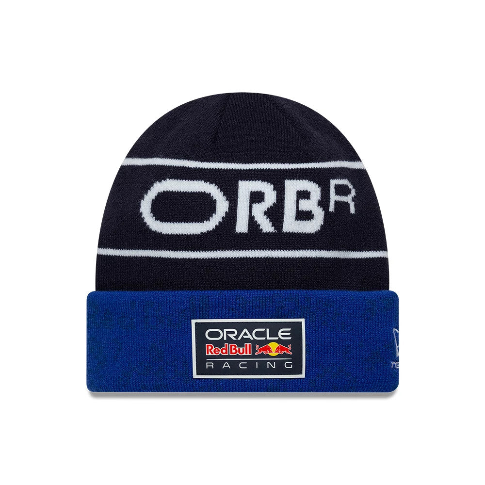 New Era Red Bull Racing Replica Isack Hadjar Dark Blue Cuff Knit Beanie Hat, front view showing the white ORBR logo knitted into the crown and the Oracle Red Bull Racing logo patch on the blue cuff.