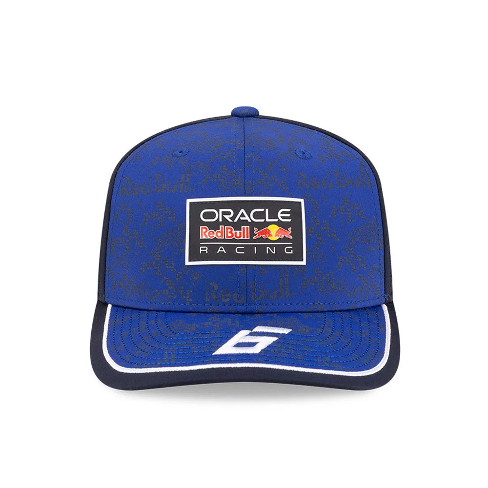 Red Bull Racing Isack Hadjar Dark Blue New Era 9SEVENTY Stretch Snap Adjustable Cap, front view showing a black and white Oracle Red Bull Racing patch on the structured crown, dark blue visor with a white '6' and white edging.