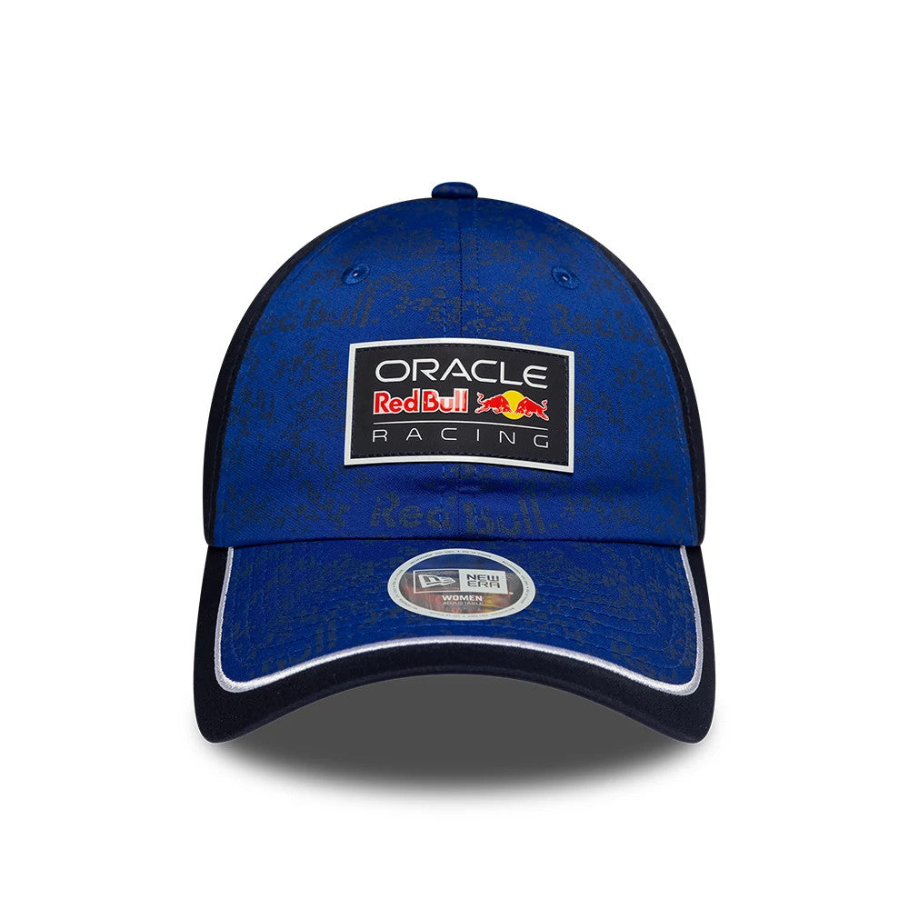 New Era Red Bull Racing Womens Team Dark Blue Open Back Cap, front view showing the embroidered Oracle Red Bull Racing logo patch on the blue structured front panel, with a navy visor featuring a 9FORTY size sticker and white piping.