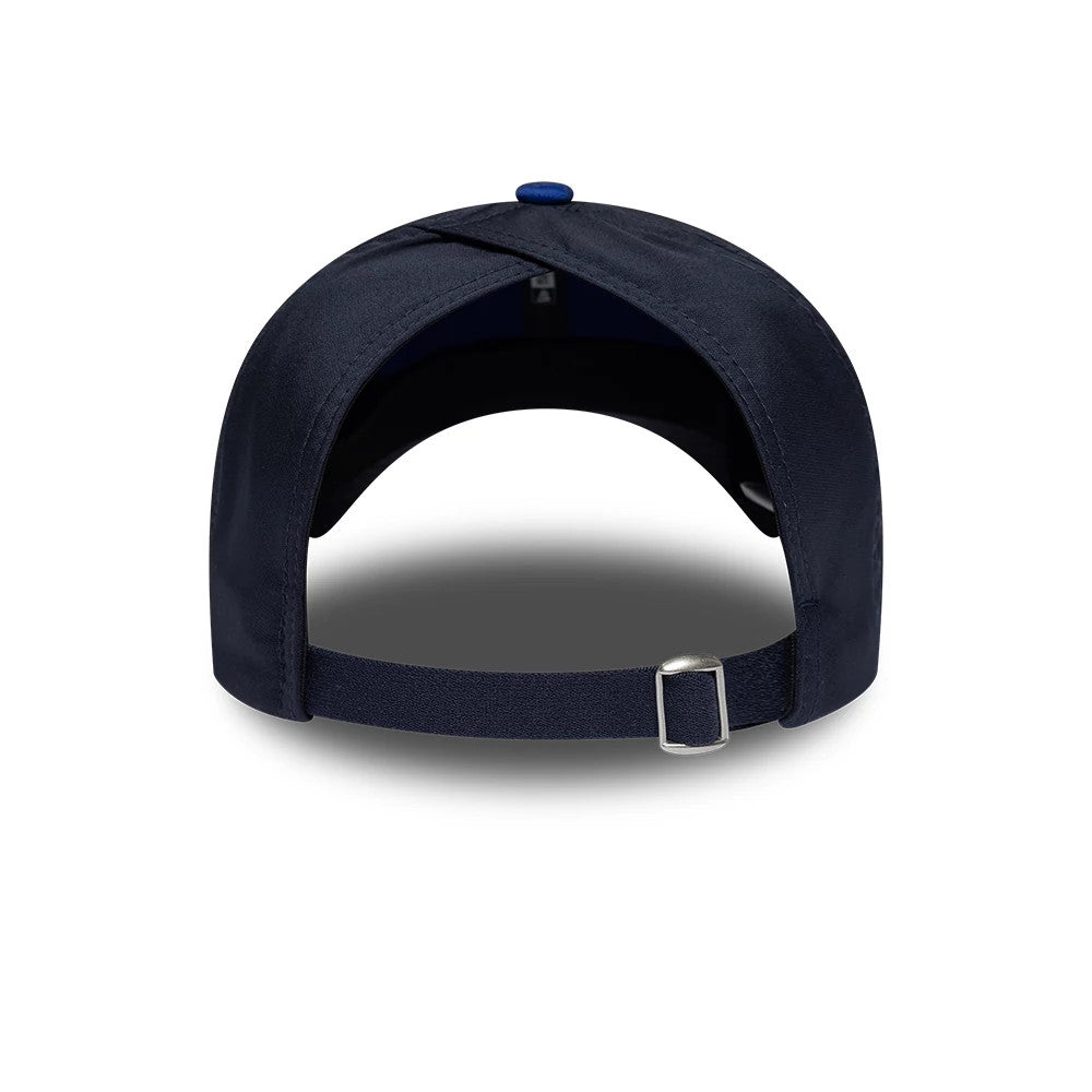New Era Red Bull Racing Womens Team Dark Blue Open Back Cap, rear view showing the open back design with an adjustable dark blue strap and silver buckle, under a structured dark blue crown with a blue top button.