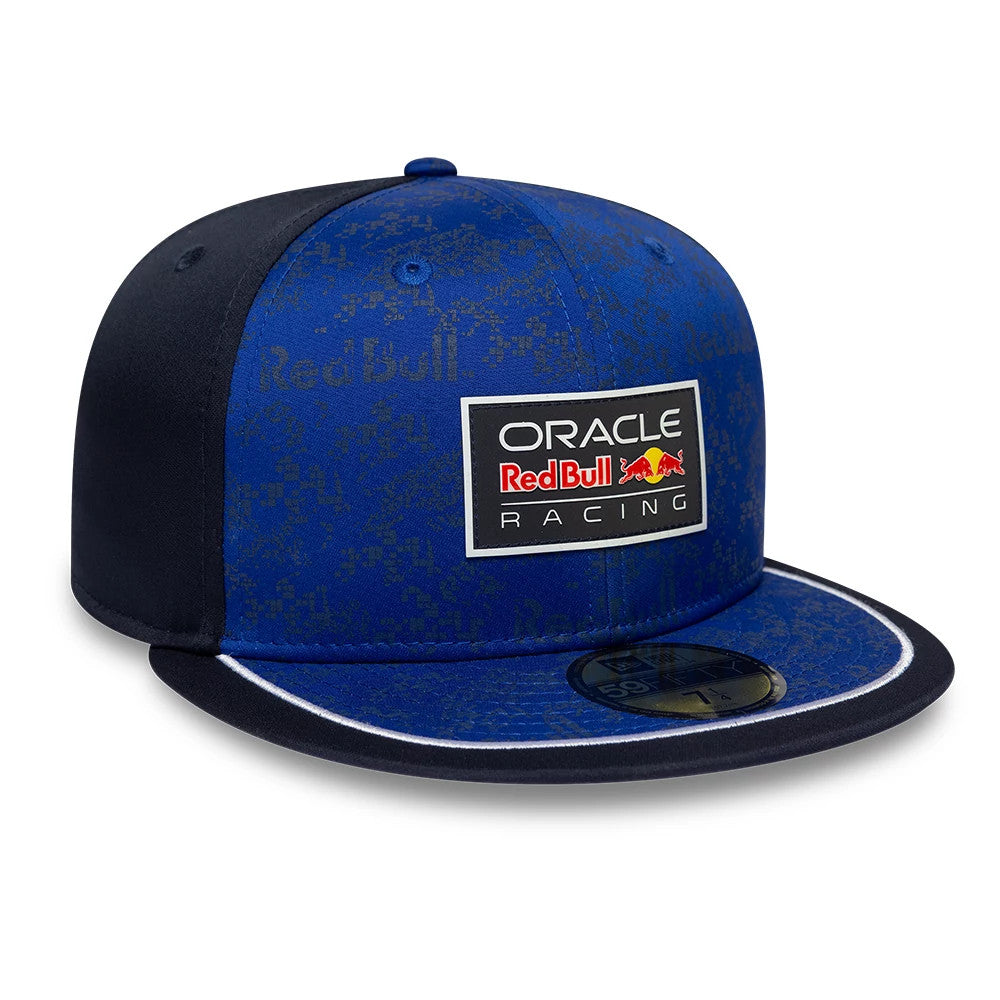 Red Bull Racing Dark Blue New Era 59FIFTY Fitted Cap, front view showing the embroidered Oracle Red Bull Racing logo patch centred on the blue structured crown with pattern, dark blue visor with white trim, and gold 59FIFTY size sticker.