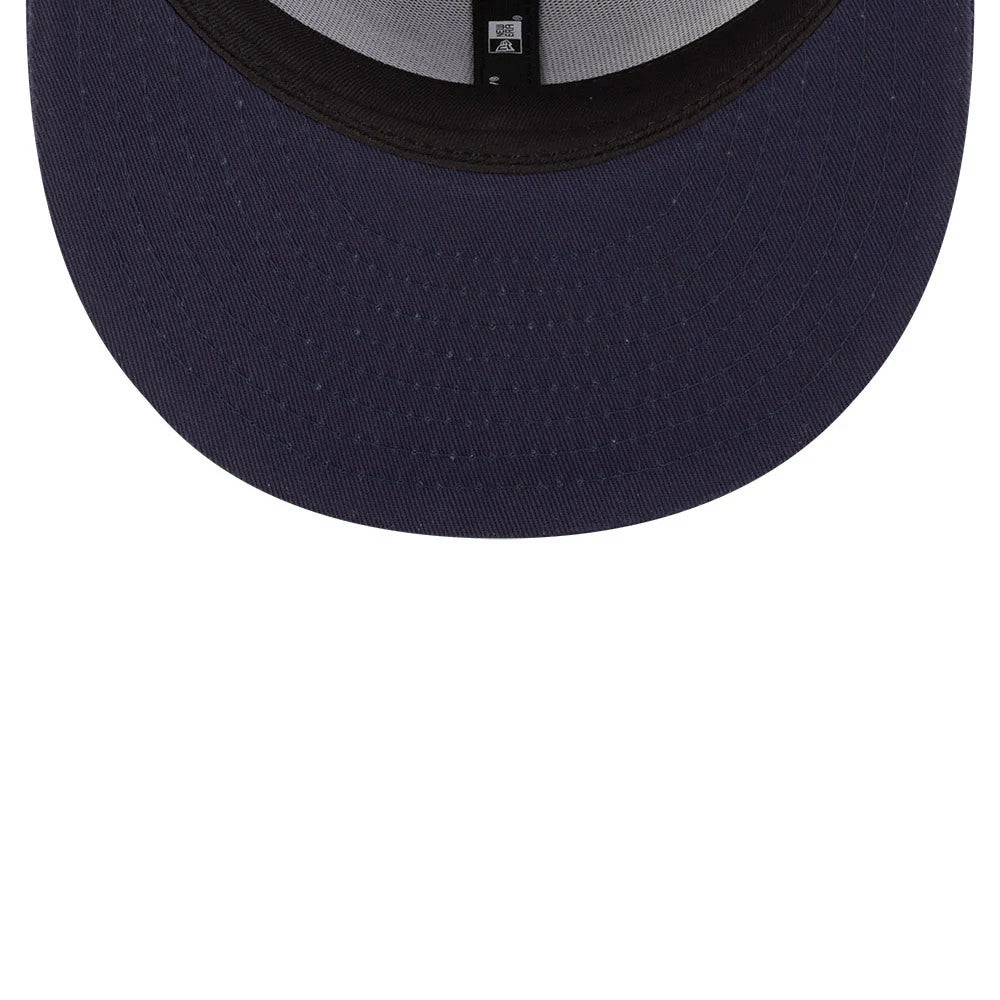 Red Bull Racing Essential Dark Blue New Era 9FIFTY Snapback Adjustable Cap, inside view showing a grey undervisor, black taping, and a black sweatband with the New Era flag logo at the centre.