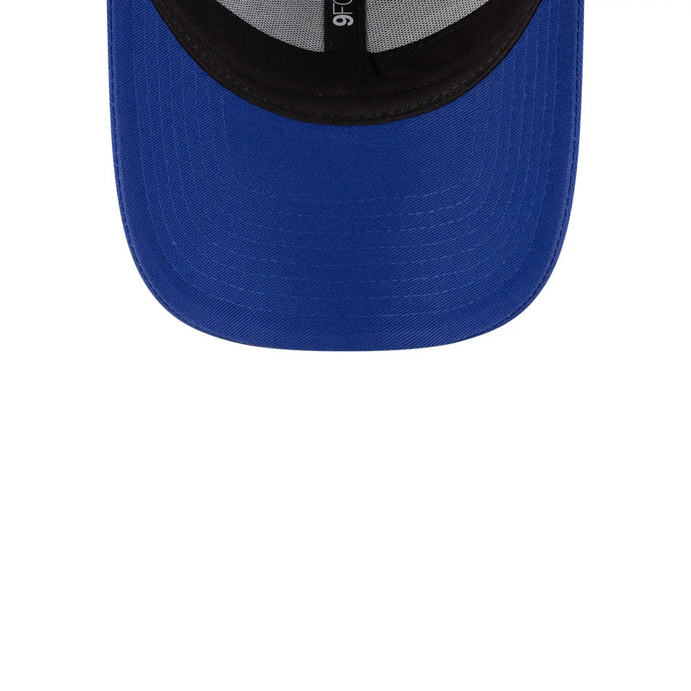 Red Bull Racing Essential Dark Blue New Era 9FORTY Adjustable Cap, inside view showing the curved blue visor, black sweatband, grey interior taping with 9FORTY printed in white, contrasting with the dark blue fabric.