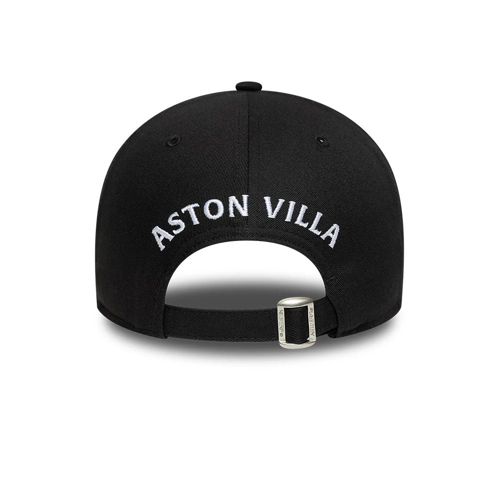 Aston Villa FC Core Black New Era 9FORTY Cap, rear view showing the white embroidered 'Aston Villa' text across the back, with a curved opening and an adjustable silver buckle strap at the bottom.