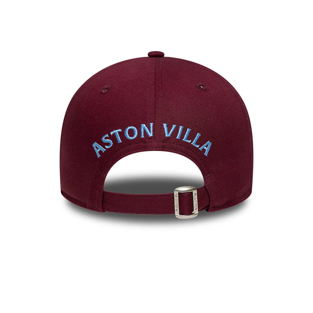 Aston Villa FC Core Dark Red New Era 9FORTY Cap, rear view showing the light blue embroidered Aston Villa lettering across the back panels above an adjustable fabric strap with a buckle for a customised fit.
