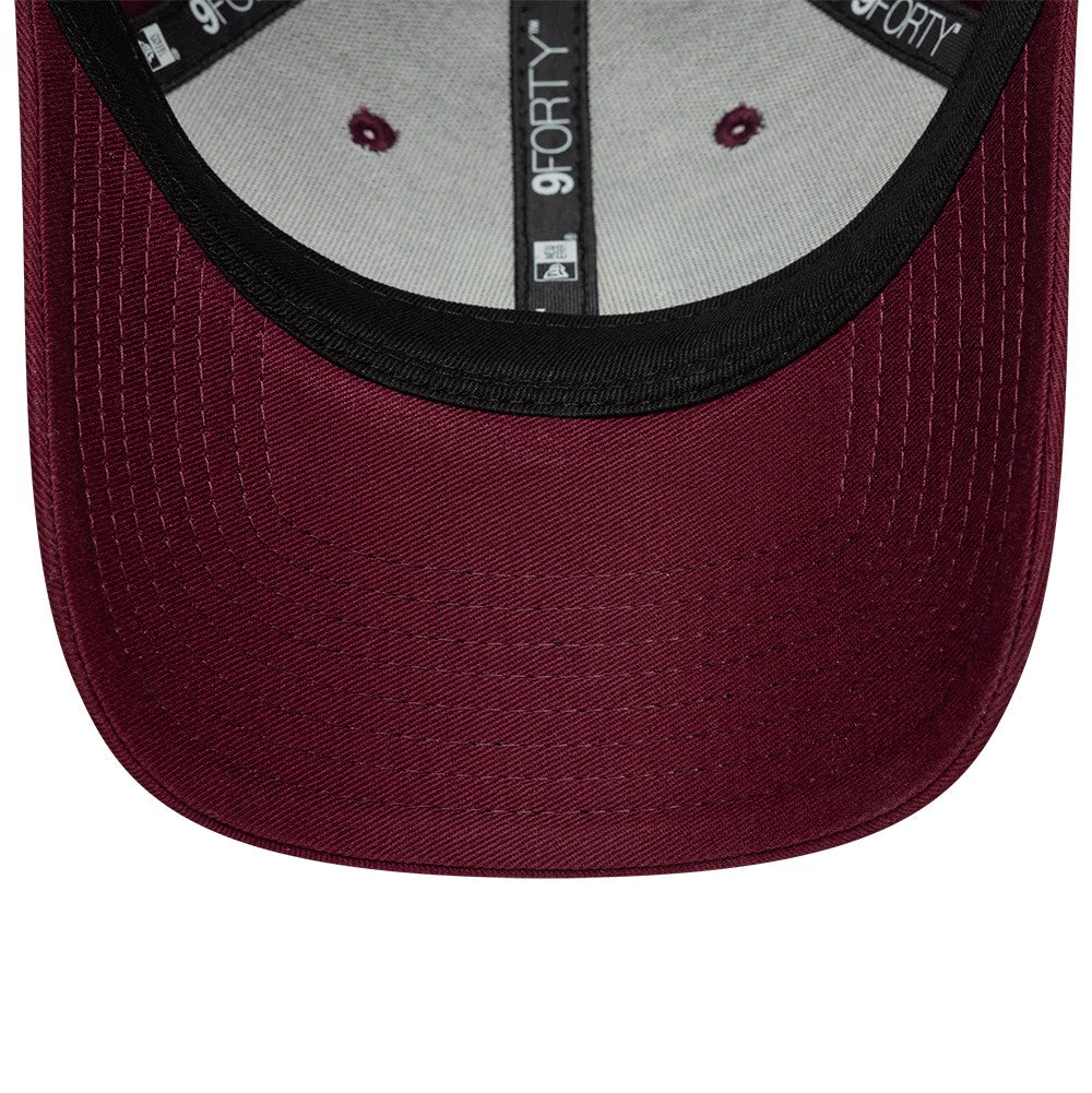 Aston Villa FC Core Dark Red New Era 9FORTY Cap, inside view the grey undervisor with black taping, New Era logo, and 9FORTY label, along with embroidered dark red eyelets on the crown.