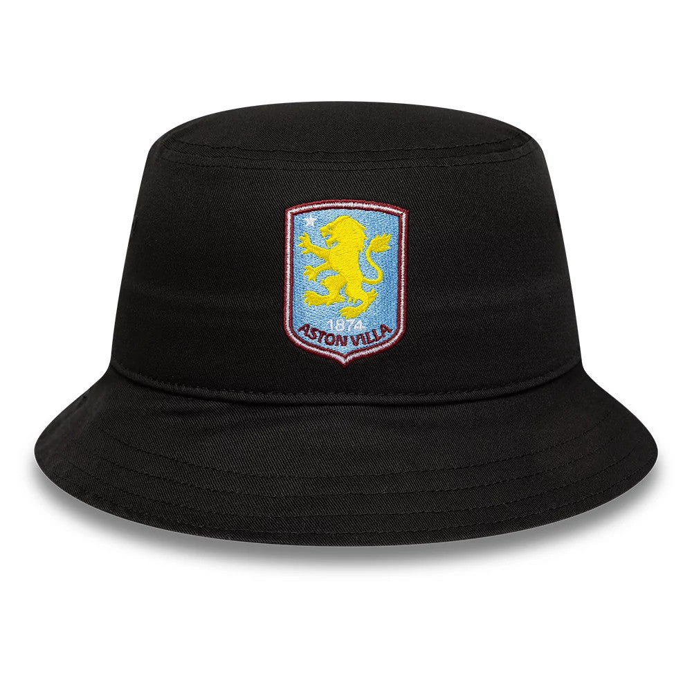 New Era Aston Villa FC Core Black Bucket Hat, front view showing the embroidered Aston Villa FC crest featuring a yellow lion on a blue shield with red and white trim, centred on the structured black crown and flexible visor.