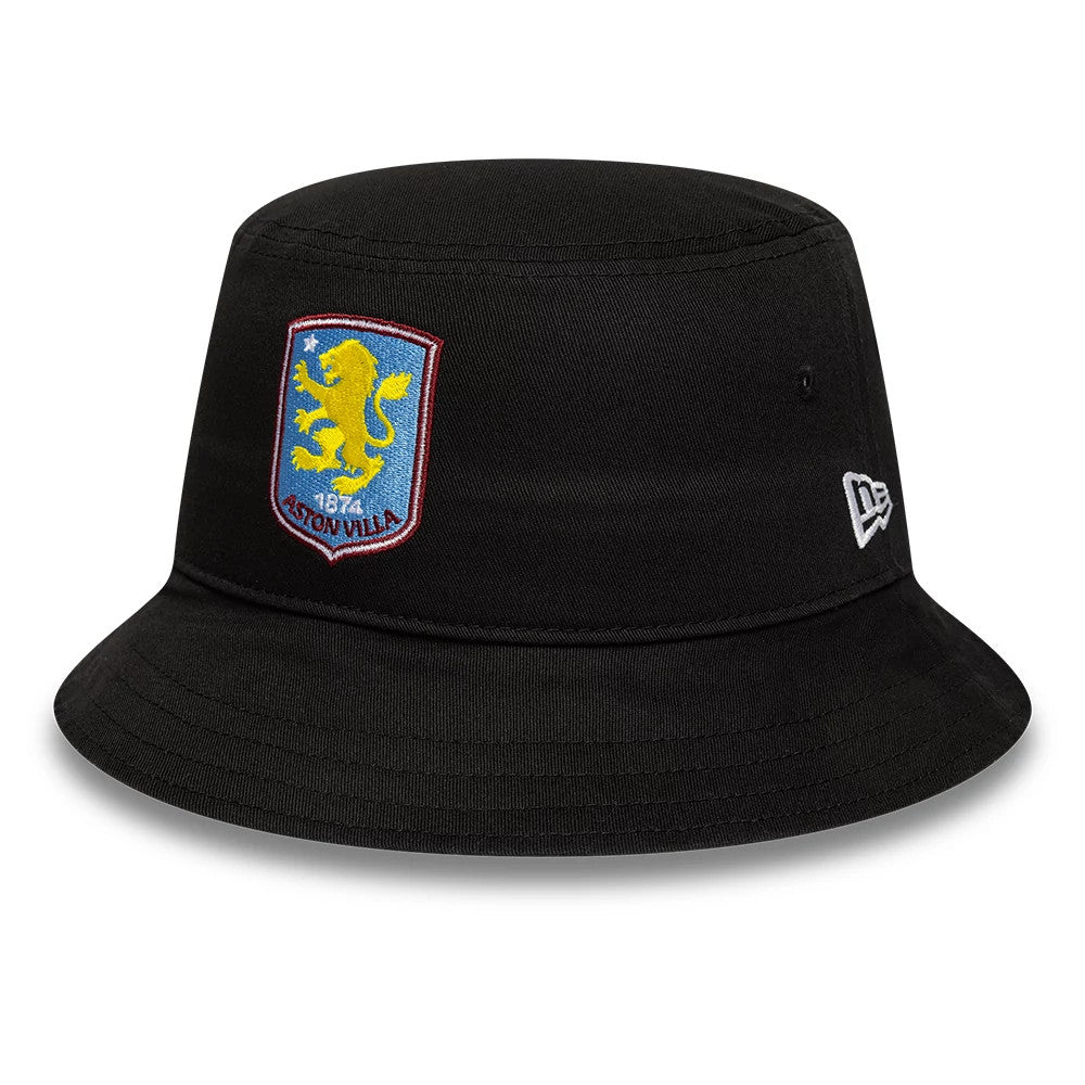 New Era Aston Villa FC Core Black Bucket Hat, front view showing the embroidered yellow lion crest logo on the front panel and the New Era flag logo on the left side of the black crown.