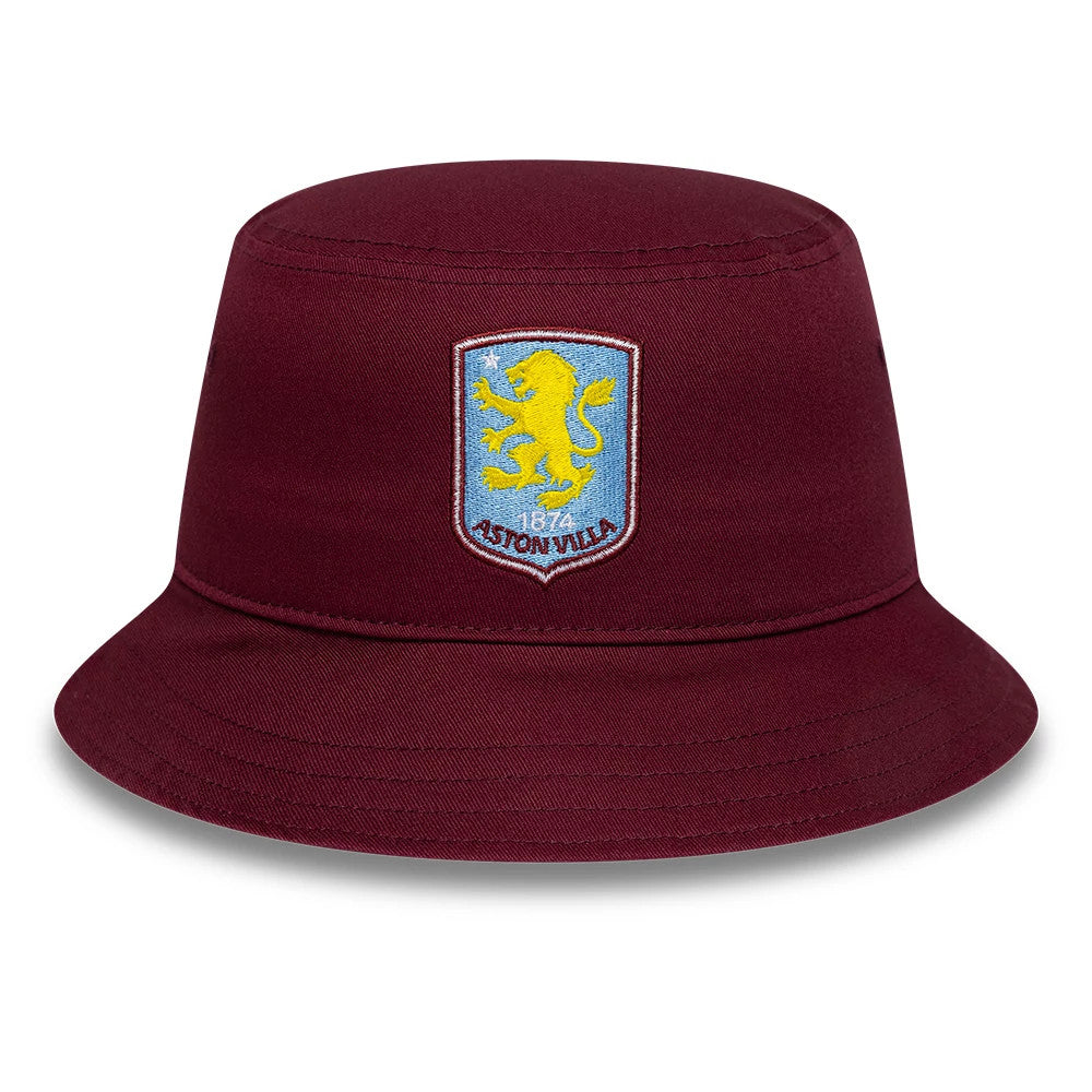 New Era Aston Villa FC Core Dark Red Bucket Hat, front view showing the embroidered Aston Villa crest with a yellow lion on a light blue shield, centred on the dark red crown above the soft visor.