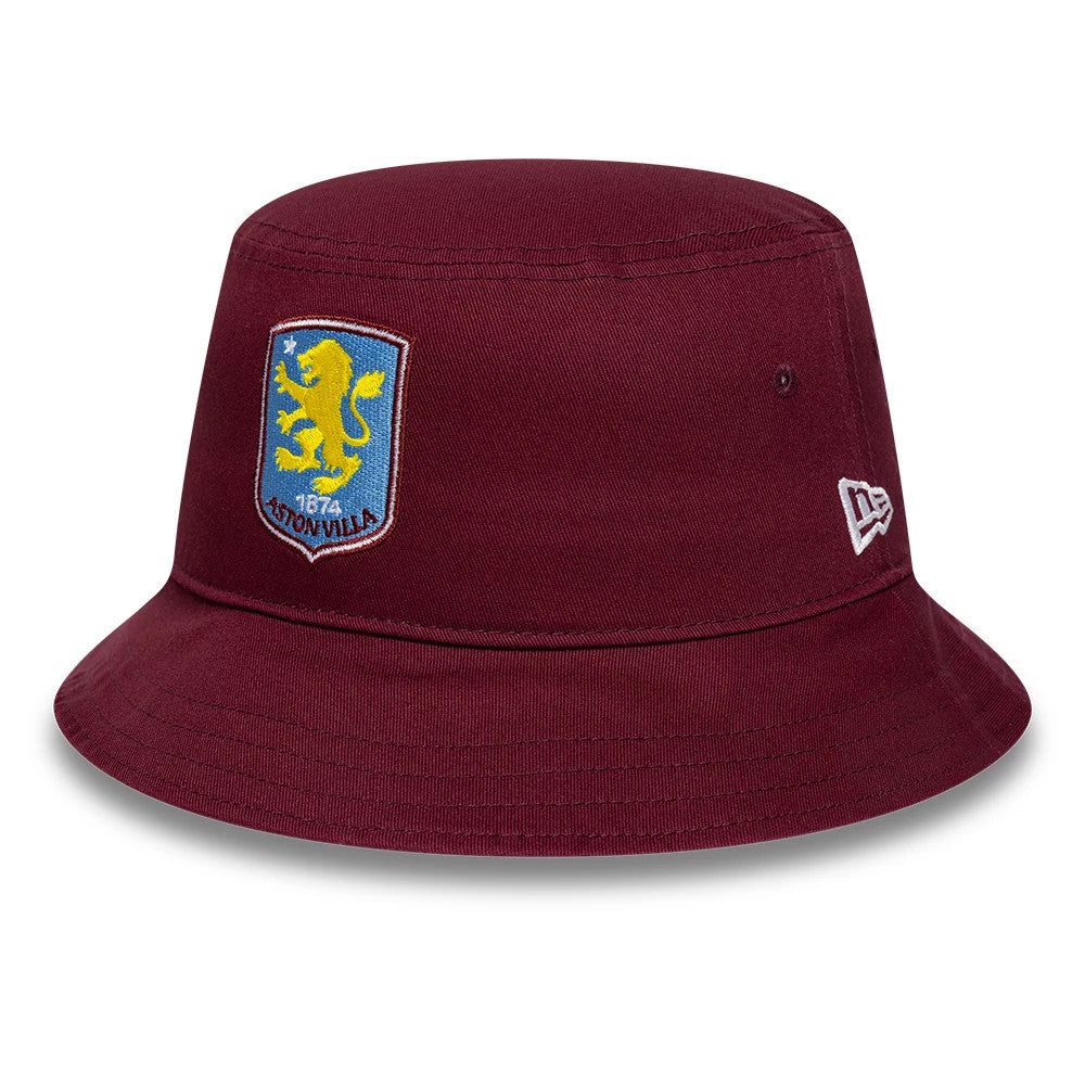 New Era Aston Villa FC Core Dark Red Bucket Hat, front view showing the embroidered club crest with a yellow lion on a blue shield on the front panel, and the white New Era flag logo on the left side.