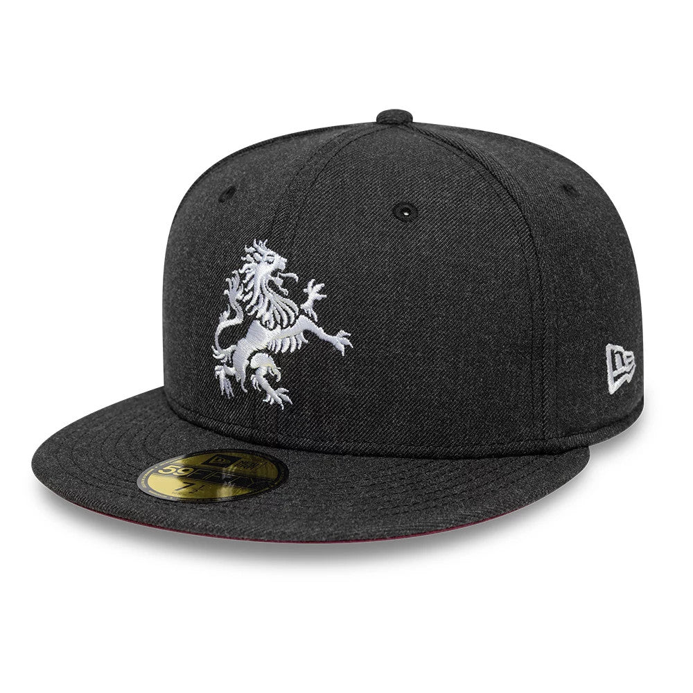 Aston Villa FC Gas Lamp Black New Era 59FIFTY Fitted Cap, front view showing raised white embroidery of a lion on the front panel, a flat black visor with a gold 59FIFTY size sticker, and a New Era flag logo on the left side.