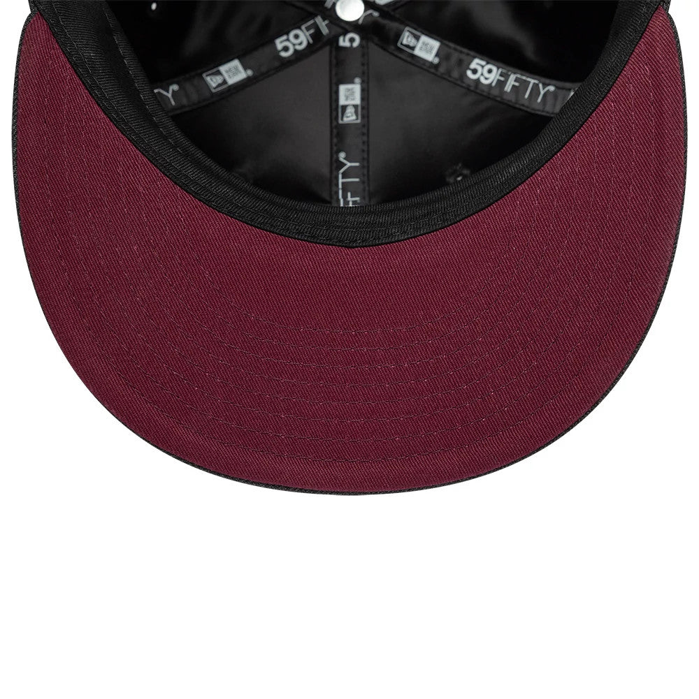 Aston Villa FC Gas Lamp Black New Era 59FIFTY Fitted Cap, inside view showing black branded taping across the crown, a maroon undervisor, and a white top button at the centre for added detail.