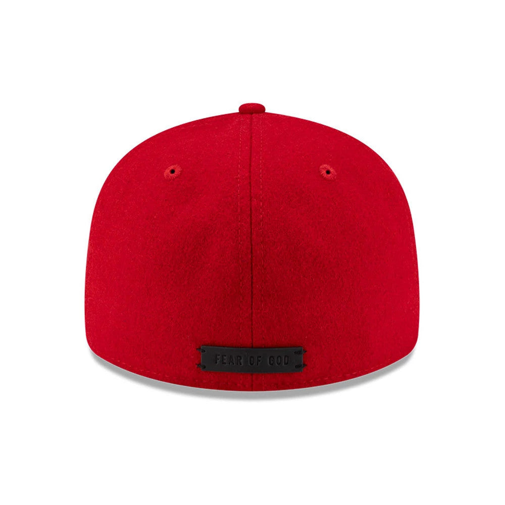 Chicago White Sox FOG X MLB Red Retro Crown New Era 59FIFTY Fitted Cap, rear view showing a black woven Fear of God label above the base on the bright red crown with matching eyelets and a top button.