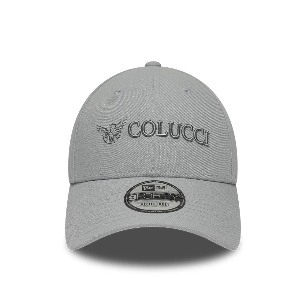 Colucci X New Era Grey 9FORTY Adjustable Cap, front view showing the grey embroidered Colucci logo with an eagle design on the front panel, a curved grey visor, and the 9FORTY size sticker centrally placed.
