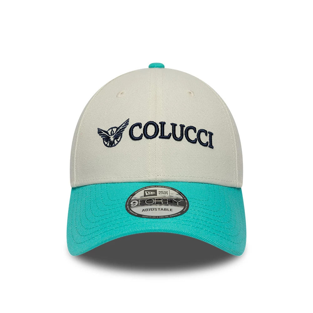 Colucci X New Era White 9FORTY Adjustable Cap, front view showing navy Colucci logo embroidery on a structured white crown, with a contrasting teal curved visor and a 9FORTY size sticker on the centre.