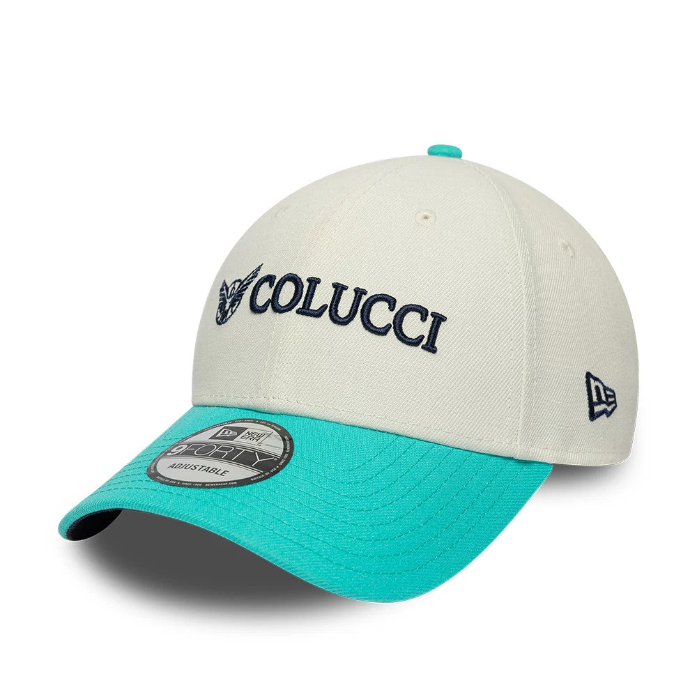Colucci X New Era White 9FORTY Adjustable Cap, front view with a navy embroidered Colucci logo on the white crown, teal curved visor and 9FORTY size sticker, and the New Era flag logo on the left side.