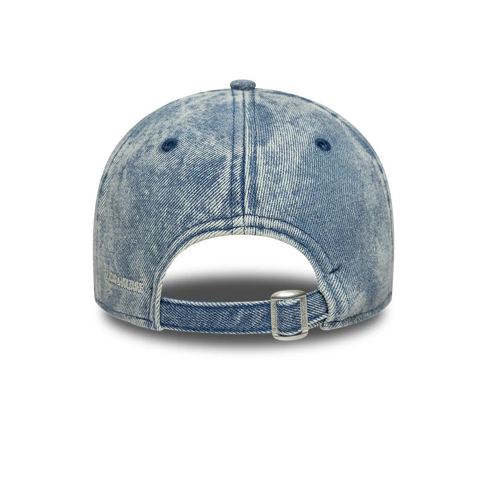 New Era X Zadig & Voltaire Pastel Blue 9FORTY Adjustable Cap, rear view showing a faded denim effect with Zadig & Voltaire lettering on the left side of the crown and an adjustable strap with a buckle at the back.