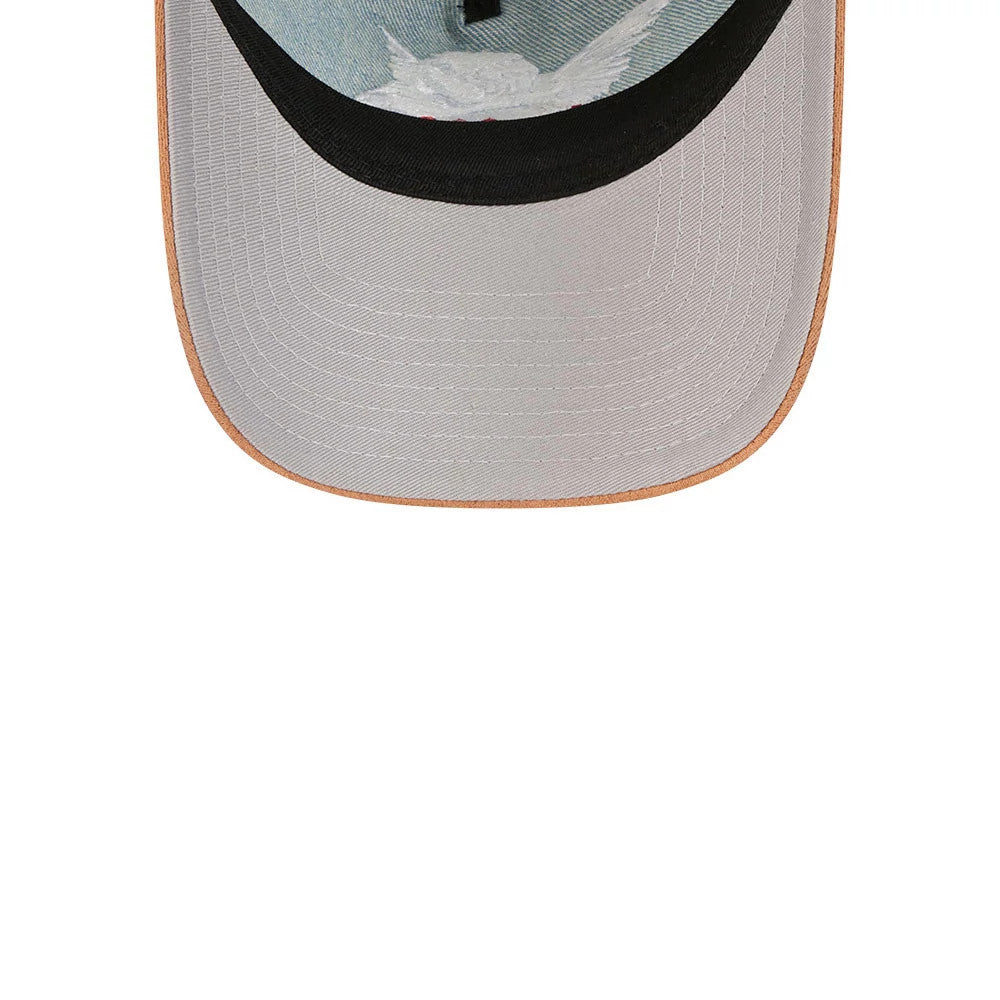 New Era Be Mine Light Blue 9TWENTY A-Frame Adjustable Cap, inside view showing a grey undervisor contrasting with the light blue sweatband, and semi-structured crown with detailed floral embroidery.