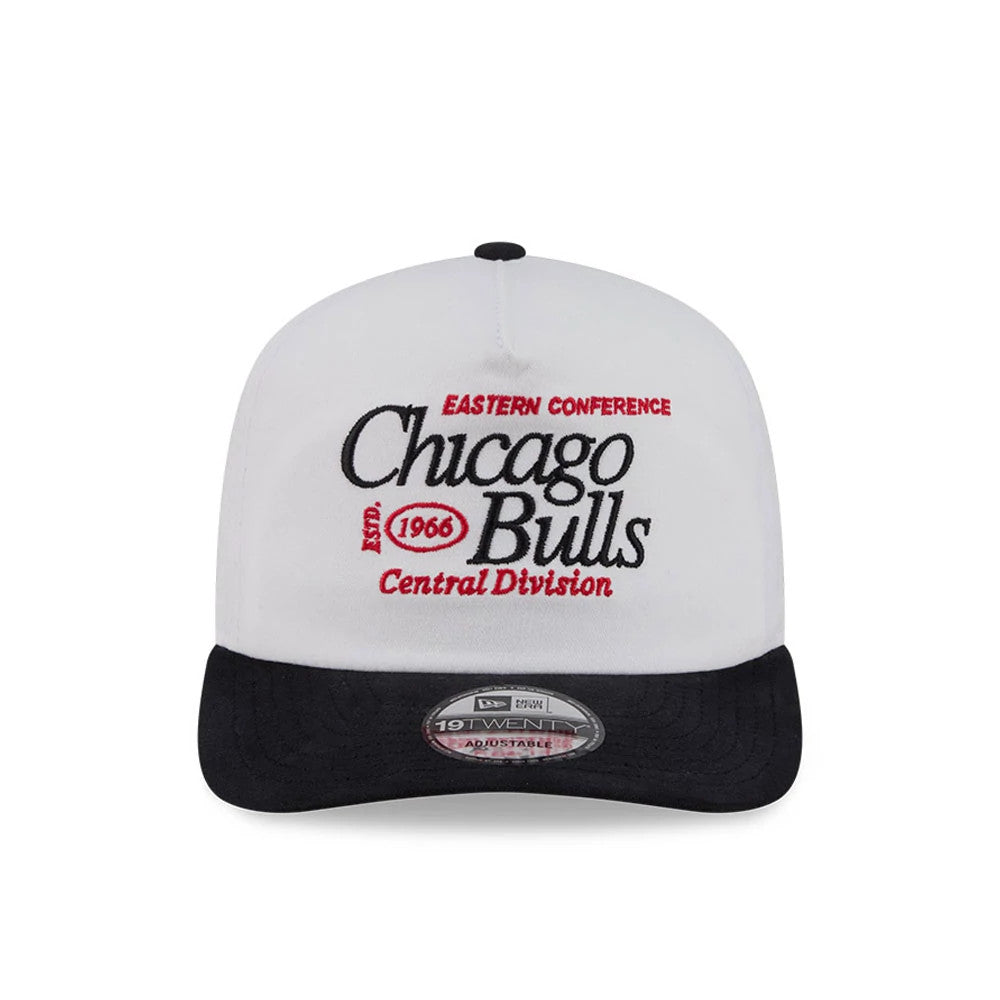 Chicago Bulls NBA Conference White New Era 19TWENTY Adjustable Cap, front view showing red and black embroidered lettering on the white front panel, with a contrasting black visor and the 19TWENTY size sticker.